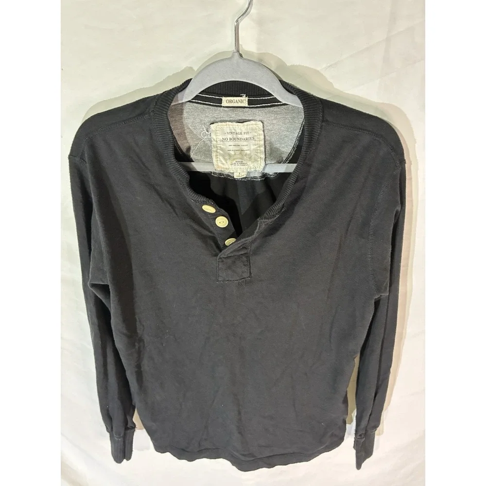 No Boundaries Men's Vintage Fit Knit Henley Sweater L Black Long Sleeve